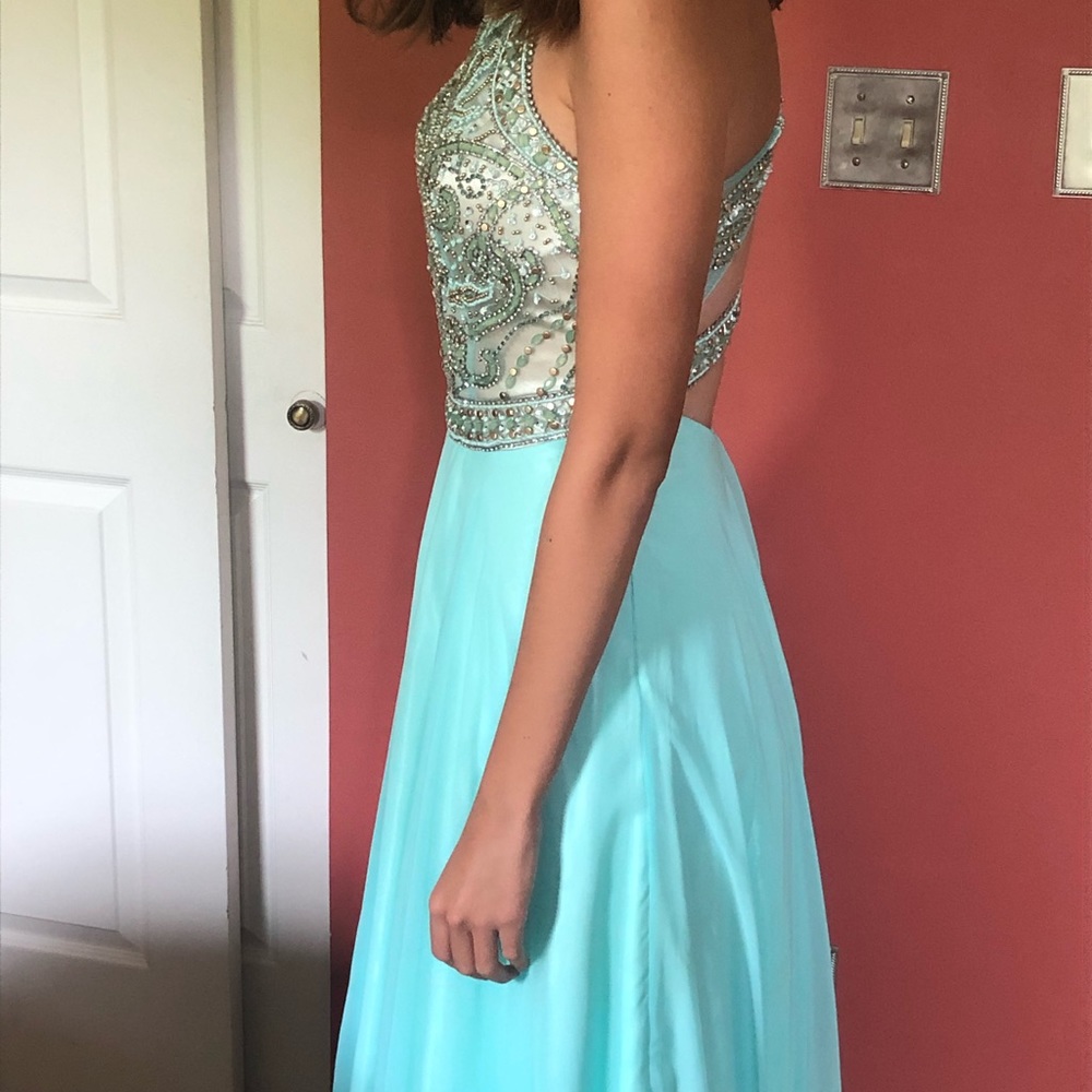 Green/blue floor length dress